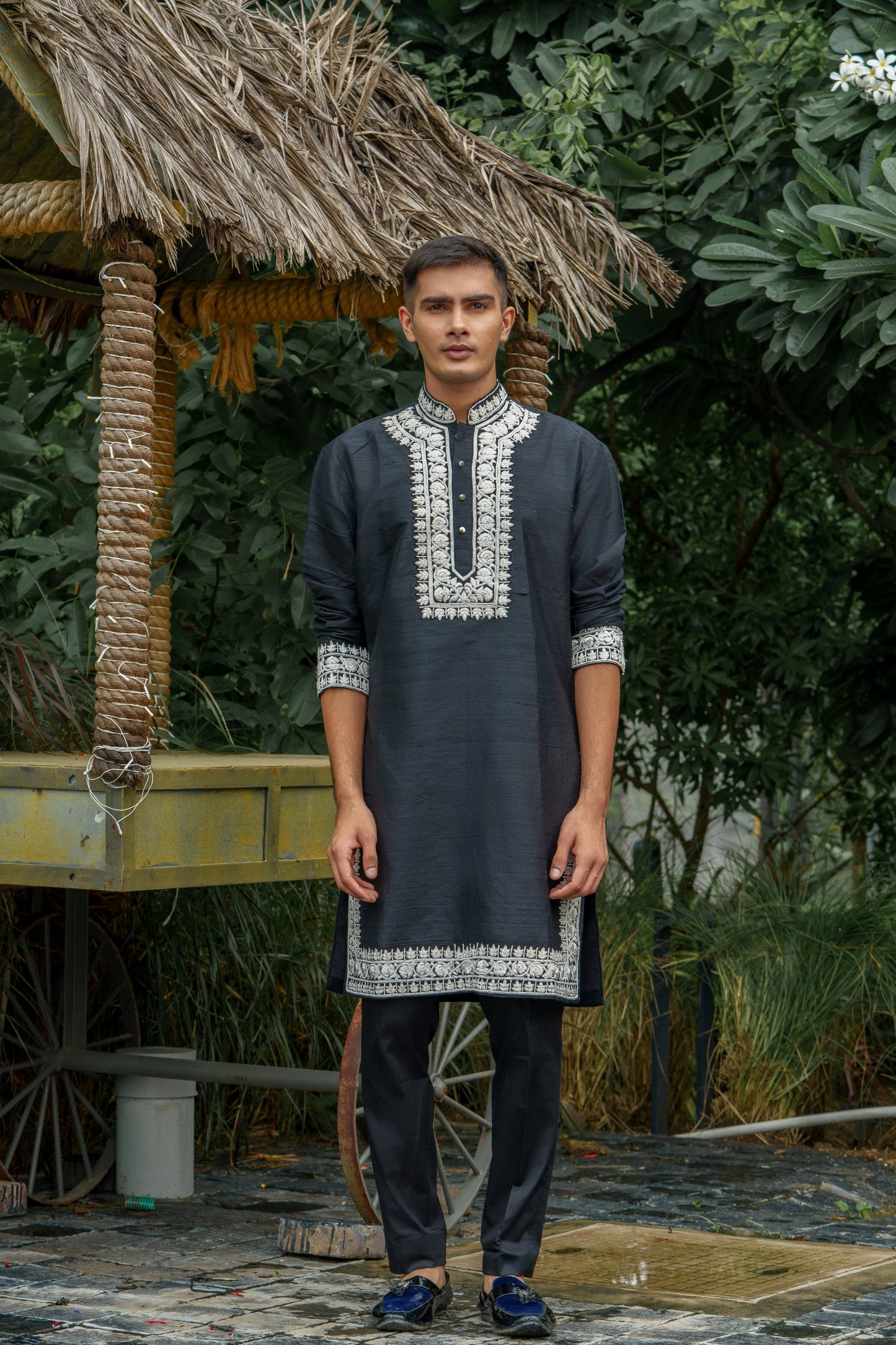 Black Raw Silk, Embroidered Kurta Set