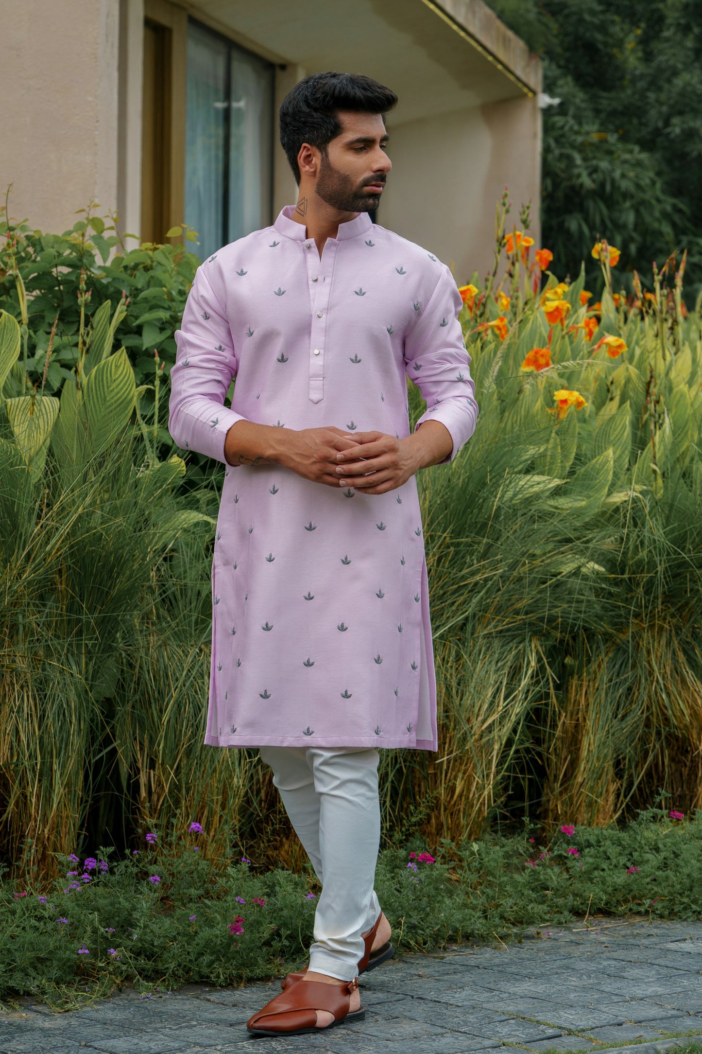 Lavender Chanderi Silk, Embroidered kurta Set