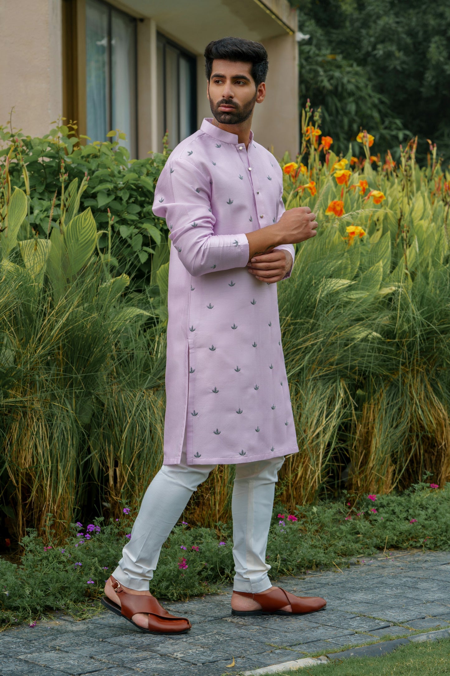 Lavender Chanderi Silk, Embroidered kurta Set