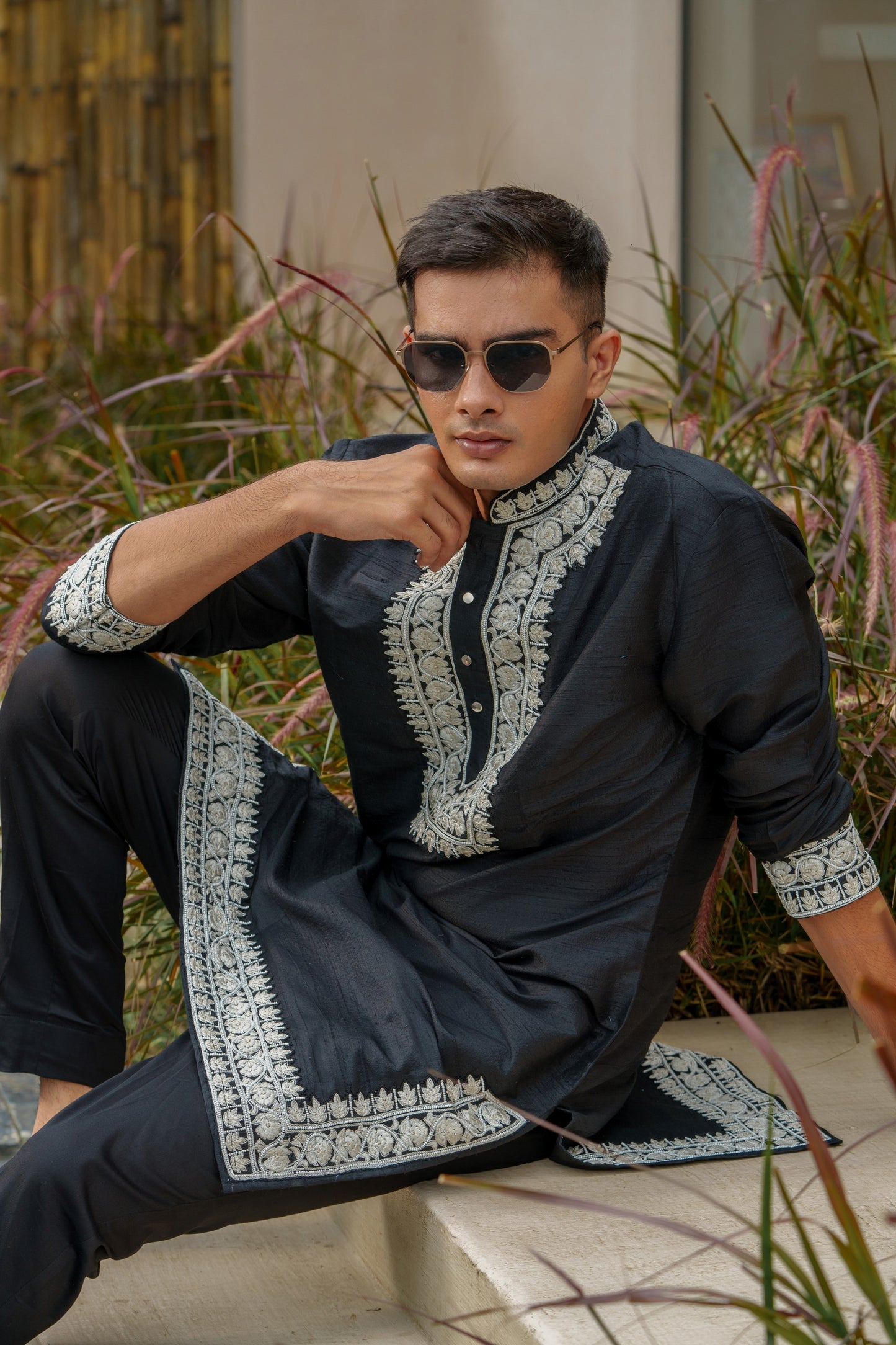 Black Raw Silk, Embroidered Kurta Set