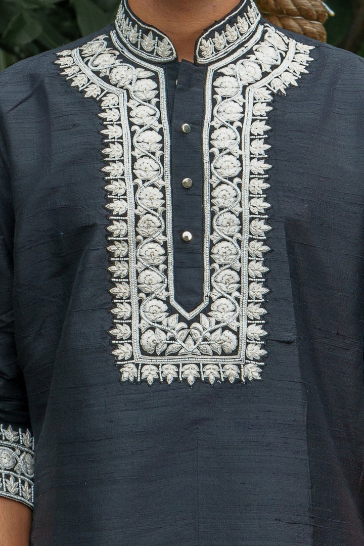 Black Raw Silk, Embroidered kurta Set