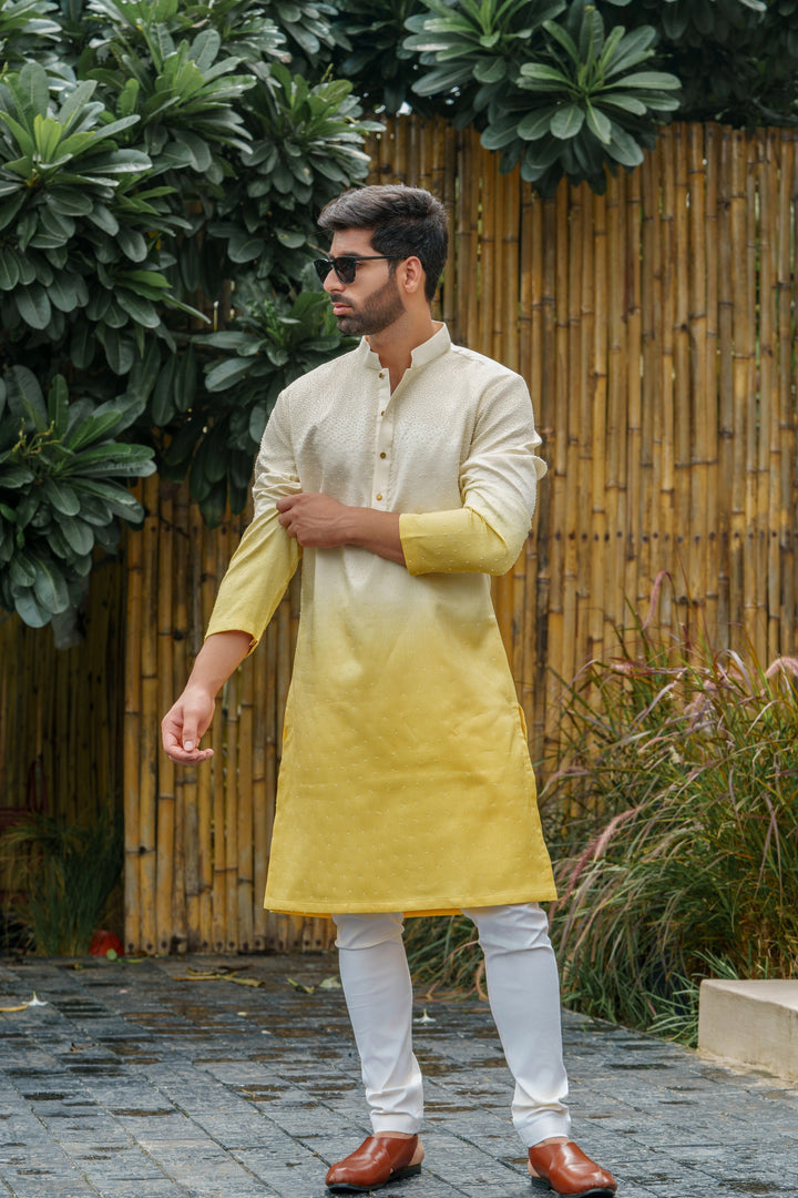 Yellow, Flow dye Hand work Kurta Set