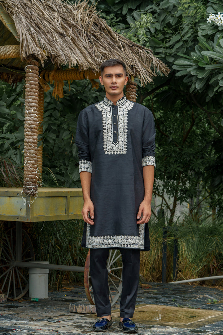 Black Raw Silk, Embroidered kurta Set